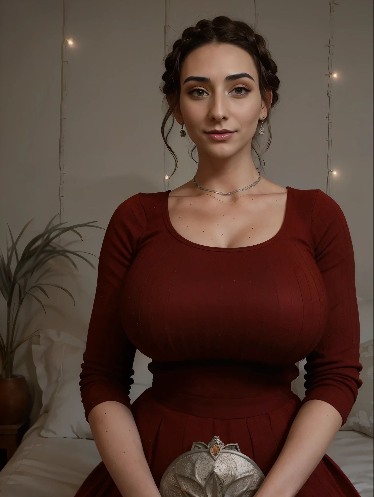Gorgeous and sultry busty athletic (thin, slim, petite) brunette queen with sharp facial features wearing a dark red medieval dress, long sleeves, intricate patterns, embroidery, wide neck, long dress, fitted dress, tight bodice, silver dangle chain, (waist chain), medieval jewelry, Middle Ages, castle, rampart, wall, exterior, on top of a castle wall, trees, countryside, evening, sunset. large breasts. (Crown braid, updo)