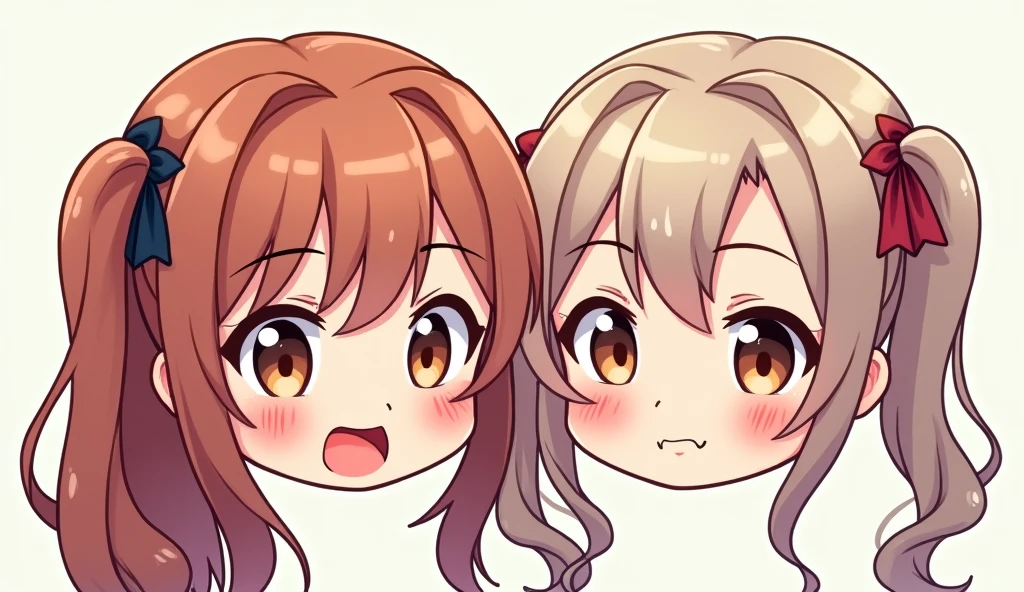 Un dessin du même style que les emoji officiels de Genshin Impact. Il doit représenter deux filles. On ne peut voir que leur tête. Une des deux filles à deux longues couettes. L'autre fille à des cheveux détachés juste en dessous des épaules. Elles sourient.