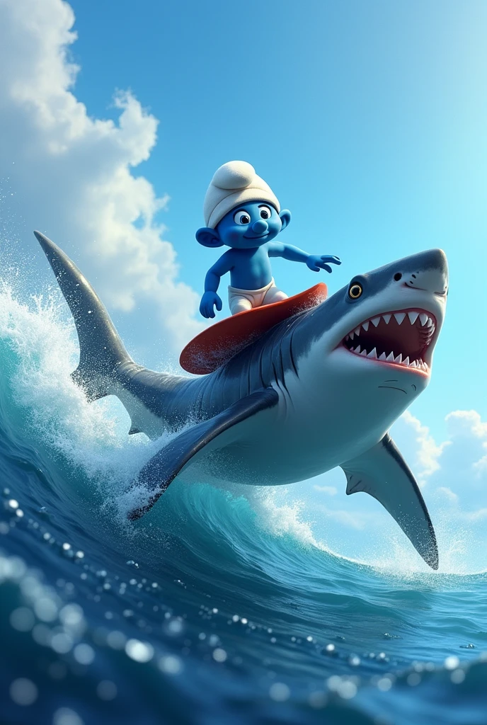 smurf surfing on top of a shark
