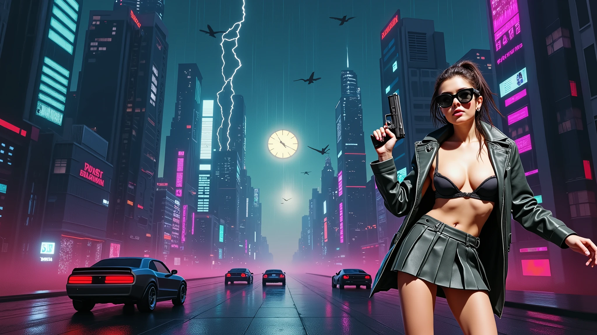(Wide angle aerial view). At night, simple outlined cyberpunk city, flying cars, all-glass buildings, glowing giant clock tower, lightning, line art background. High-resolution OLED GUI interfaces in the building, The windows are filled with transparent data visualization infographics that show it all, very close-up green glowing cascading code. Colors are saturated and vibrant. At night, (1girl, solo, alone), photorealistic, large-breast slim:0.6 body, oval:0.5 face, black mini bra, cleavage:1.1, deep-v, very low angle view of black pleated miniskirt, white panty, (upskirt), glove, (Matrix style black micro sunglasses), (aiming viewer with a short gun), dynamic running pose, (half-body thigh level close-up shot), cinematic lighting, ray tracing, motion blur background.