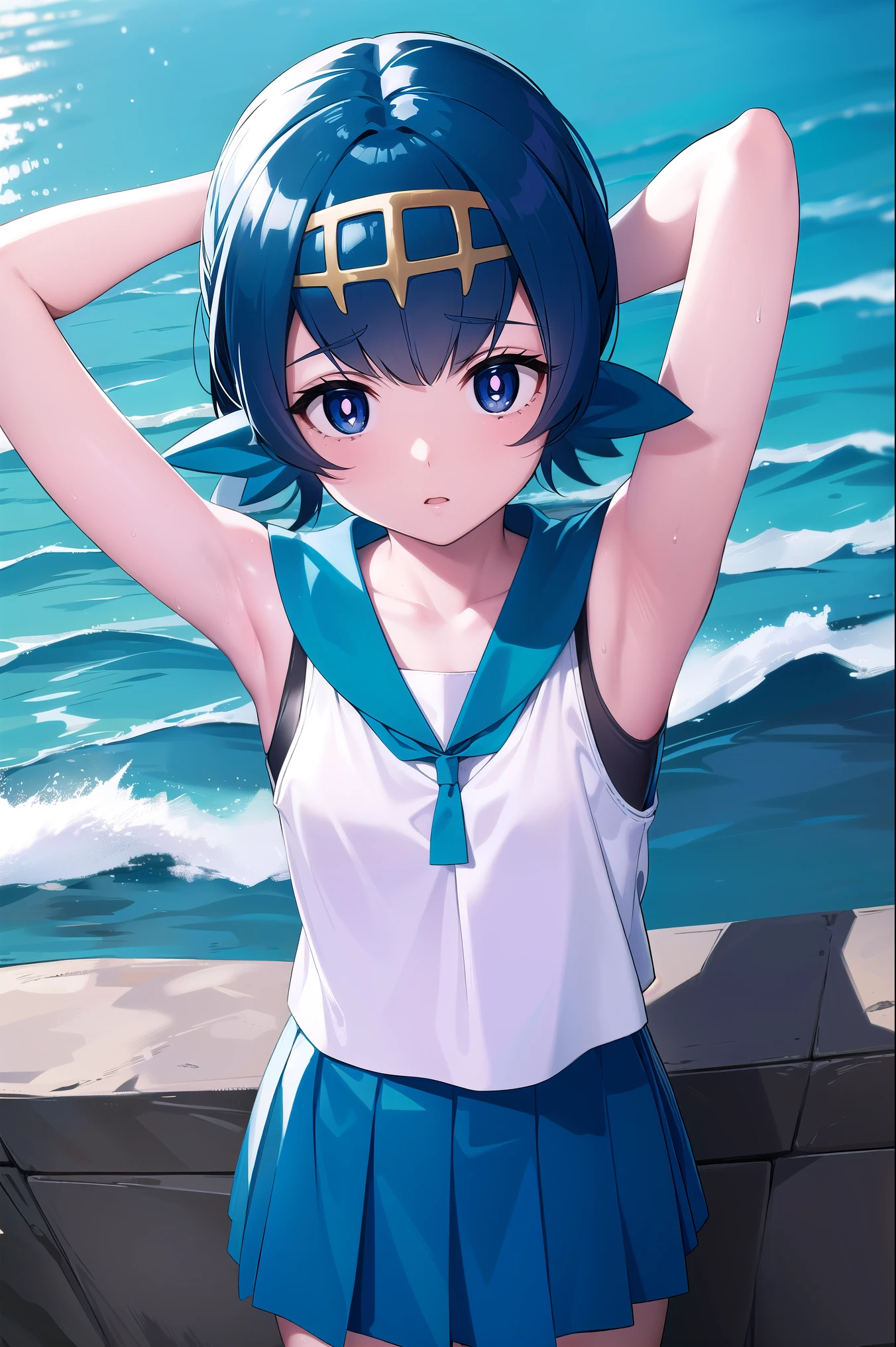 pokemonlana, pokemonlana, blue eyes, blue hair, freckles, hairband, short hair, white pupils, yellow hairband, (bright pupils:1.5),
BREAK bare arms, blue sailor collar, blue skirt, collarbone, one-piece swimsuit, pleated skirt, sailor collar, shirt, skirt, sleeveless, sleeveless shirt, swimsuit, swimsuit under clothes, white shirt,
BREAK looking at viewer, full body, arms up, armpits, sweat, sweaty  (cowboy shot:1.5),
BREAK outdoors, beach, ocean, sea,
BREAK (masterpiece:1.2), best quality, high resolution, unity 8k wallpaper, (illustration:0.8), (beautiful detailed eyes:1.6), extremely detailed face, perfect lighting, extremely detailed CG, (perfect hands, perfect anatomy),