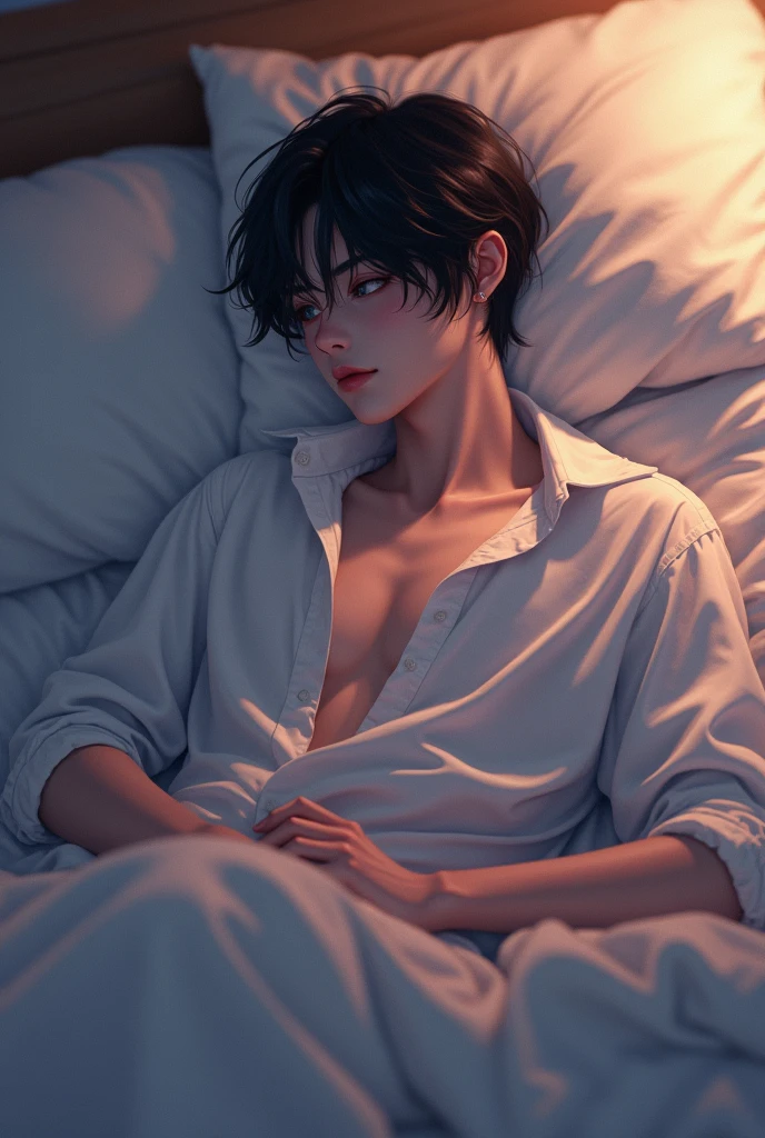 Soft boy with white long Shirt sitting In bed, s*xually,anime