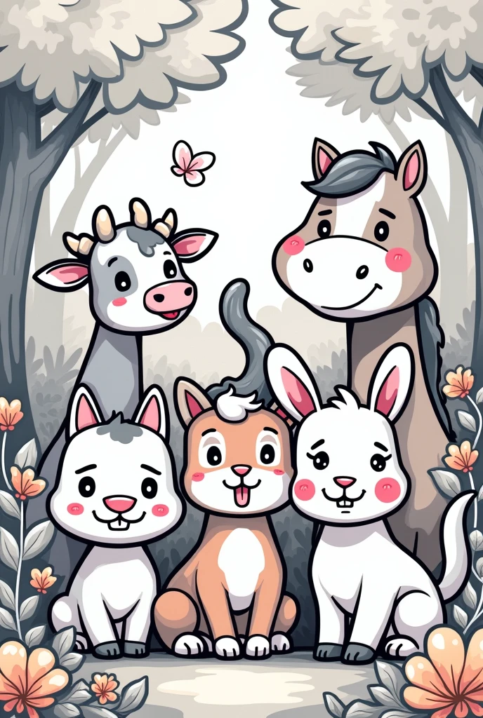 Create a fully colored image of a cute cow, cat, rabbit, dog, and horse designed for coloring. The design should be detailed in a 2D illustration style, but accessible to color, with clear lines and spaces that allow for creative use of color. It should be depicted in a forest setting, with elements that add context but keep the focus on the animal itself. The overall style should be playful and engaging, suitable for children.
