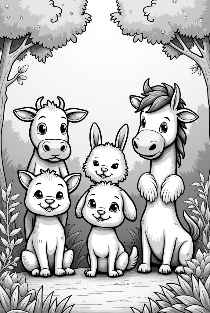 Create a fully colored image of a cute cow, cat, rabbit, dog, and horse designed for coloring. The design should be detailed in a 2D illustration style, but accessible to color, with clear lines and spaces that allow for creative use of color. It should be depicted in a forest setting, with elements that add context but keep the focus on the animal itself. The overall style should be playful and engaging, suitable for children.
