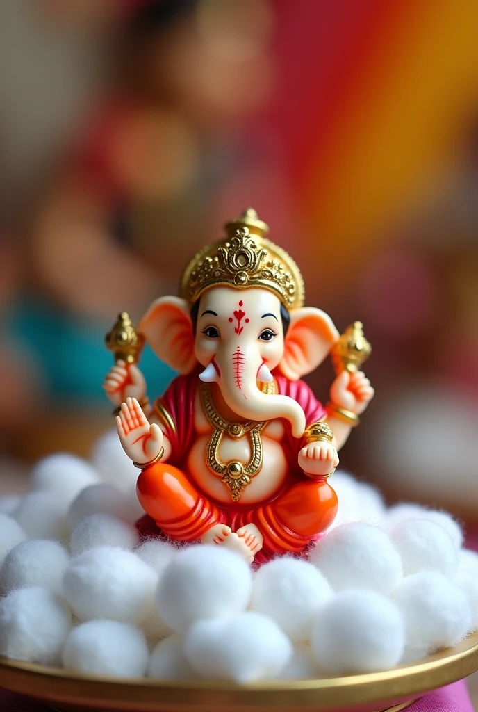 The image is a close-up of a small figurine of Lord Ganesha, the Hindu god of wisdom and success. The figurine is sitting on a bed of white cotton balls, which are scattered around the base of the figurine. The elephant is wearing a red robe and a gold crown on its head. It has a small nose and mouth, and its eyes are closed, giving it a peaceful and serene expression. The background is blurred, but it appears to be a colorful and festive scene, likely celebrating the Hindu festival of Ganesh Chaturthi.