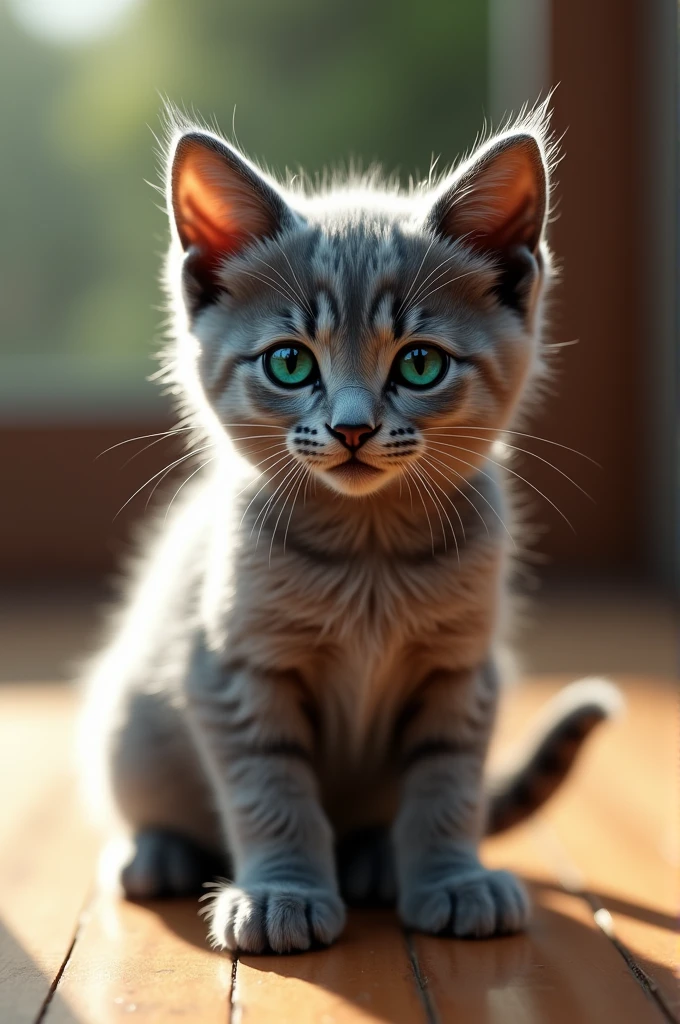 Ultra-realistic 4K image of a Russian Blue kitten, featuring its short, plush silvery-blue fur and striking emerald green eyes. The kitten is sitting on a polished wooden floor, looking directly at the viewer with a calm, inquisitive expression. The sunlight creates a soft glow on its coat, highlighting its smooth texture and the subtle details of its fine fur.”