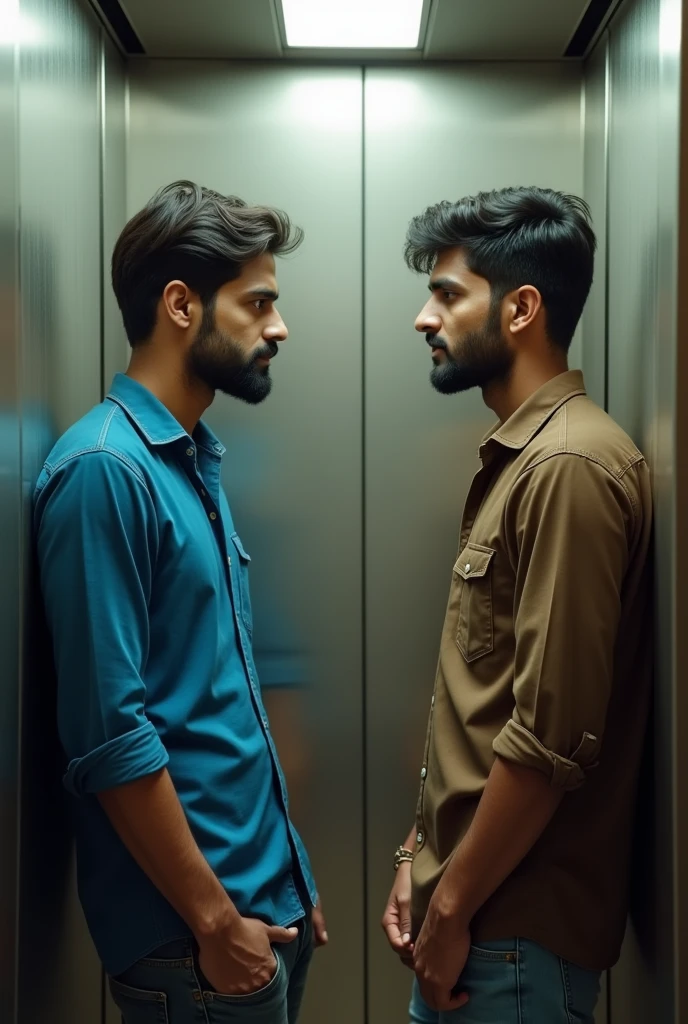 Two Indian young man lean on office lift wall tucked in blue and brown shirt discussing
