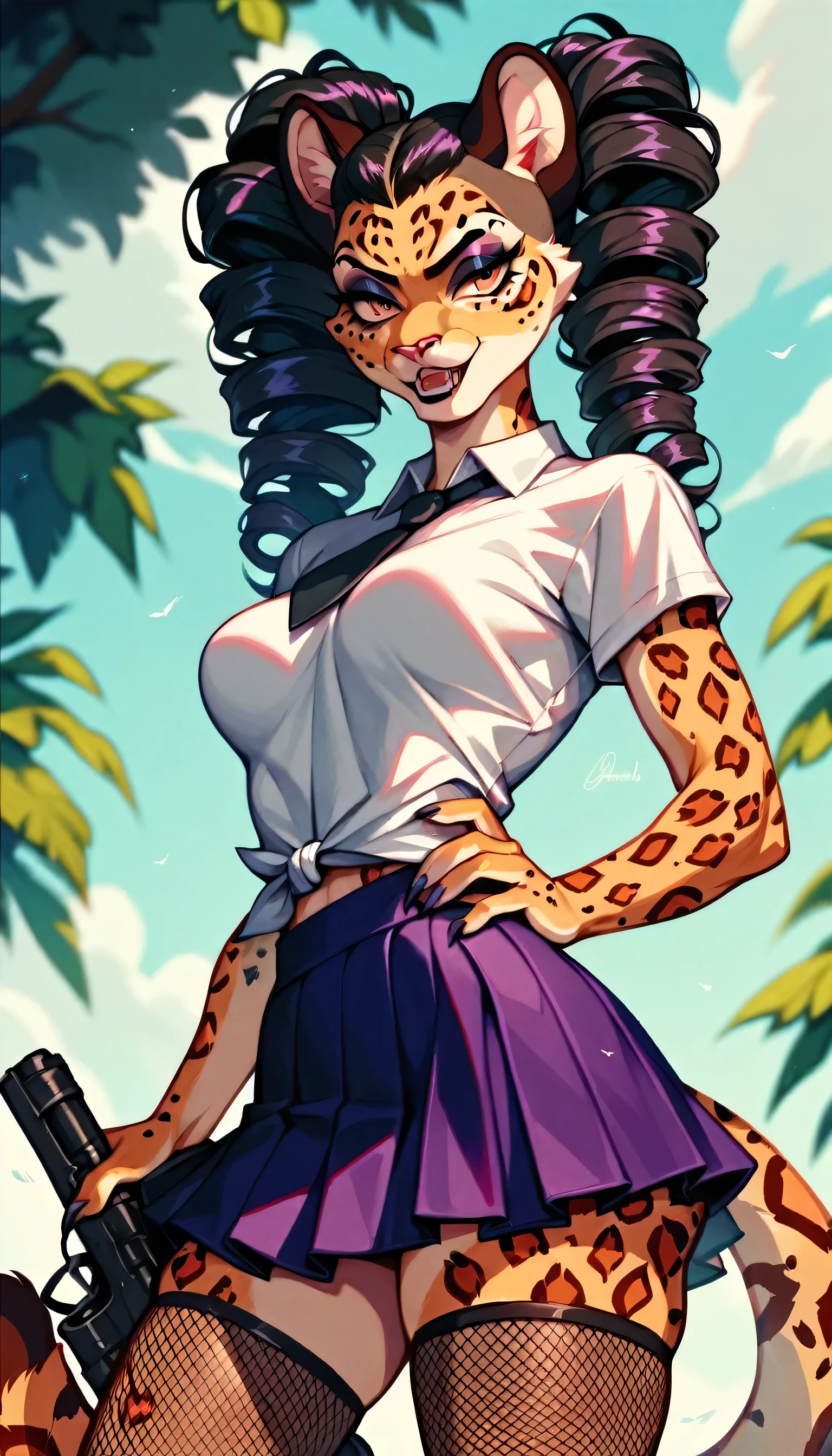 Gothic Schoolgirl Clothes, medium breasts, sexy leopard, Leopard Furry, thick spotted fur, Curly hair, curly pigtails, feline girl, ((leopard head and face)), black cut off shirt, fishnet undershirt and leggings, Black and Purple Skirt, Combat Boots