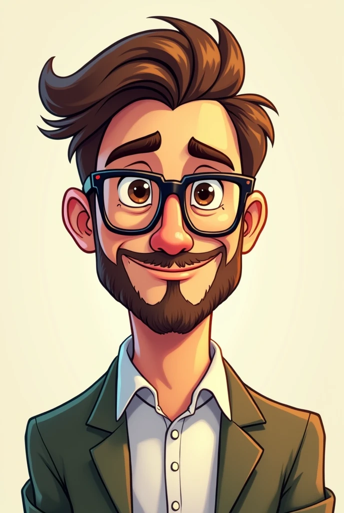 2D CARTOON OF AN ITALIAN MAN WITH MEDIUM MUSCLE MASS AND SHORT BROWN HAIR ON THE SIDES, White skin, SHORT BEARD WITH GLASSES BROWN EYES 