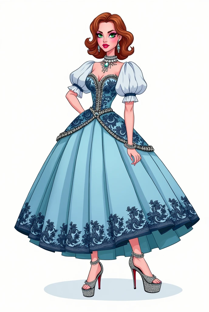 A stylized fashion illustration features a central character with a striking appearance. The character is wearing an extravagant light blue DIOR-style ball gown. The dress features a fitted bodice with a sweetheart neckline and intricate blue floral patterns, a voluminous pleated skirt with a black embroidery trim at the hem, and puffy white lace sleeves adorned with tiny pearls. She has shoulder-length, wavy reddish-brown hair styled in loose curls. Her green eyes are accentuated with dramatic blue makeup, thick lashes, and bold pink eyeliner. Her full, slightly parted lips are painted bright red with a glittery finish. She wears dangling crystal earrings, a necklace with a large central gemstone, matching bracelets, and toe rings. She is wearing sparkly silver high-heeled platform shoes with red soles, embellished with numerous small beads and crystals. The shoes have a square toe and are fastened with ankle straps with tiny beads. The entire figure is set against a simple white background. The overall style is glamorous and bold, with high contrast and saturation, creating an avant-garde fashion illustration with a whimsical yet confident mood.