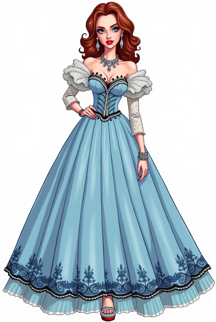 A stylized fashion illustration features a central character with a striking appearance. The character is wearing an extravagant light blue DIOR-style ball gown. The dress features a fitted bodice with a sweetheart neckline and intricate blue floral patterns, a voluminous pleated skirt with a black embroidery trim at the hem, and puffy white lace sleeves adorned with tiny pearls. She has shoulder-length, wavy reddish-brown hair styled in loose curls. Her green eyes are accentuated with dramatic blue makeup, thick lashes, and bold pink eyeliner. Her full, slightly parted lips are painted bright red with a glittery finish. She wears dangling crystal earrings, a necklace with a large central gemstone, matching bracelets, and toe rings. She is wearing sparkly silver high-heeled platform shoes with red soles, embellished with numerous small beads and crystals. The shoes have a square toe and are fastened with ankle straps with tiny beads. The entire figure is set against a simple white background. The overall style is glamorous and bold, with high contrast and saturation, creating an avant-garde fashion illustration with a whimsical yet confident mood.