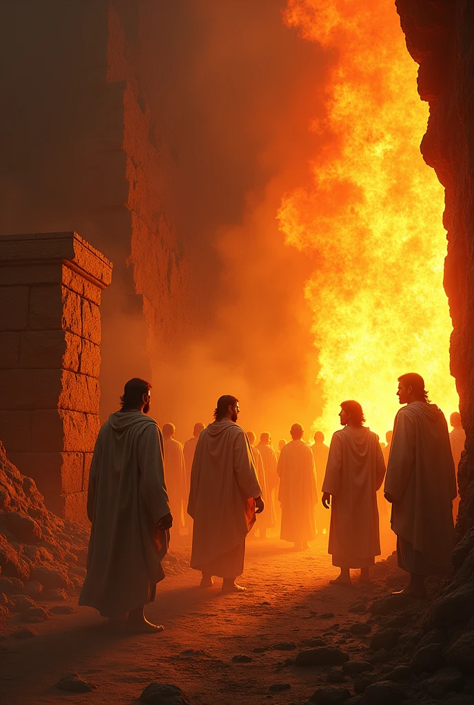 Create an intense and dramatic scene showing the moment when Shadrach, Meshach and Abednego are thrown into the burning fiery furnace. The three young Hebrews must be in the middle of the action, with expressions of faith and courage, as they are pushed into the furnace. The furnace should be represented with intense and vibrant flames, emanating a hot, blinding light. Ao fundo, show King Nebuchadnezzar with an expression of surprise and bewilderment, her eyes wide and mouth open in shock, observing the scene from a high place or platform. The image must convey the intensity of the fire and the tension of the moment., with the king clearly disconcerted by the impending miracle."