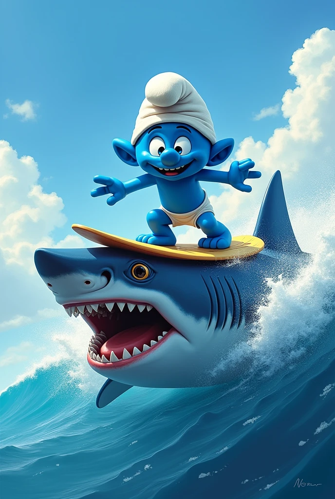 smurf surfing on top of a shark