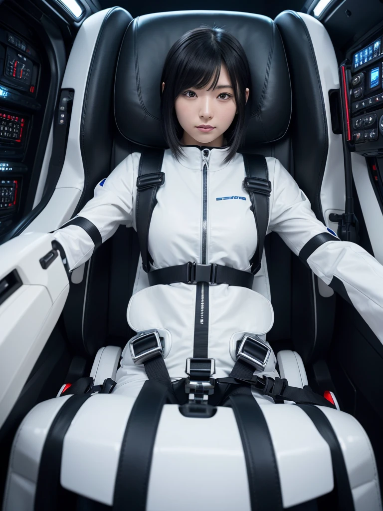 Japanese female android,Black Hair,The spaceship's cockpit,The person is completely secured in the seat with the backrest reclined by a thick harness belt.,Plump,Spread your legs,Squat,Shiny white robot suit,Robotic arms and legs,Surrounded by switches and monitors,