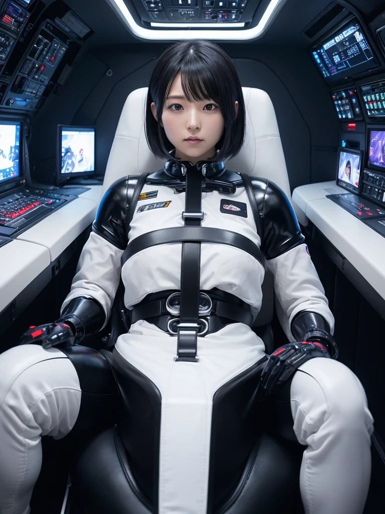 Japanese female android,Black Hair,The spaceship's cockpit,The person is completely secured in the seat with the backrest reclined by a thick harness belt.,Plump,Spread your legs,Squat,Shiny white robot suit,Robotic arms and legs,Surrounded by switches and monitors,