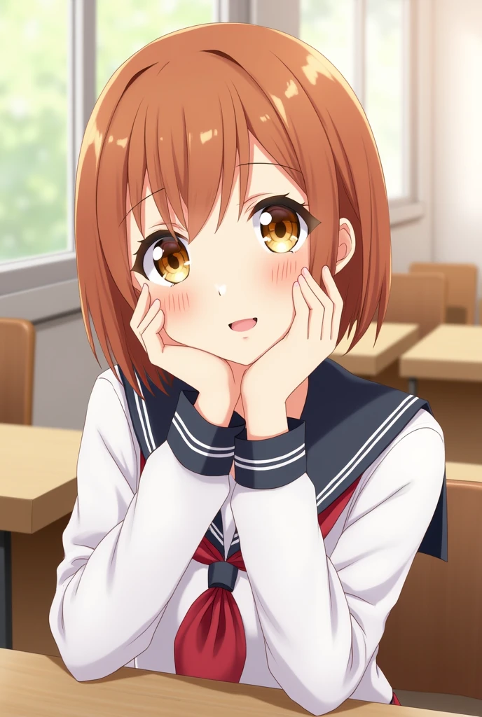 Highest quality, Face Focus, Soft Light, Ultra-high resolution, (Realistic:1.4), RAW Photos, 1. Chika Takami, alone, cute, (A shy smile:0.5), (Brown eyes, Light in your eyes), Beautiful face in every detail, (Small box),(High resolution detail of human skin texture), (Short Bob Hair), break, In the classroom,Sailor uniform, Best, skirt
