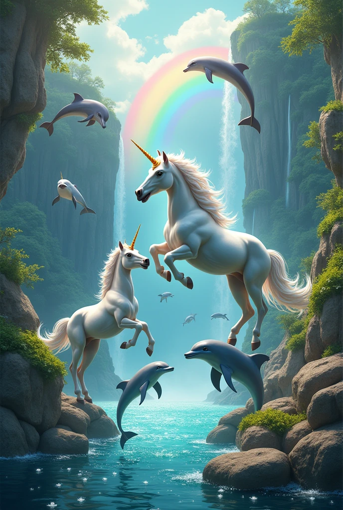 Image of unicorns with dolphins and some dolphins flying in a landscape with a waterfall and a rainbow 