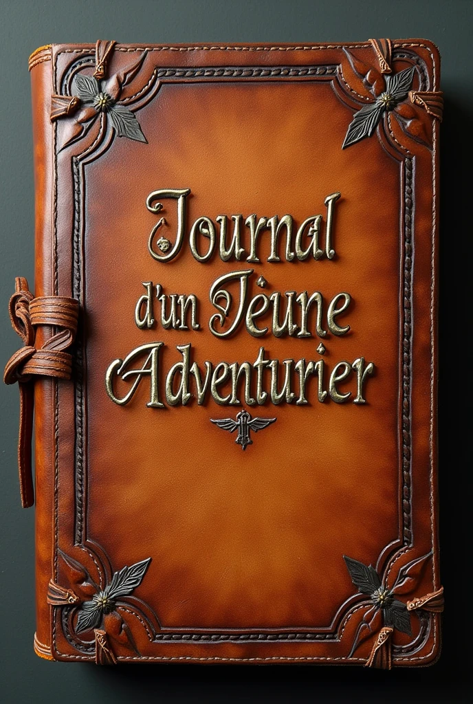 Fait moi une couverture en cuir d'un livre nommé le journal d'un jeune aventurier on y découvriras l'histoire d'un jeune aventurier qui a à peine l'âge adulte et qui par exploré un vaste monde avec écrit en français dessus "Journal d'un jeune aventurier" le livre est plutôt vieux 
