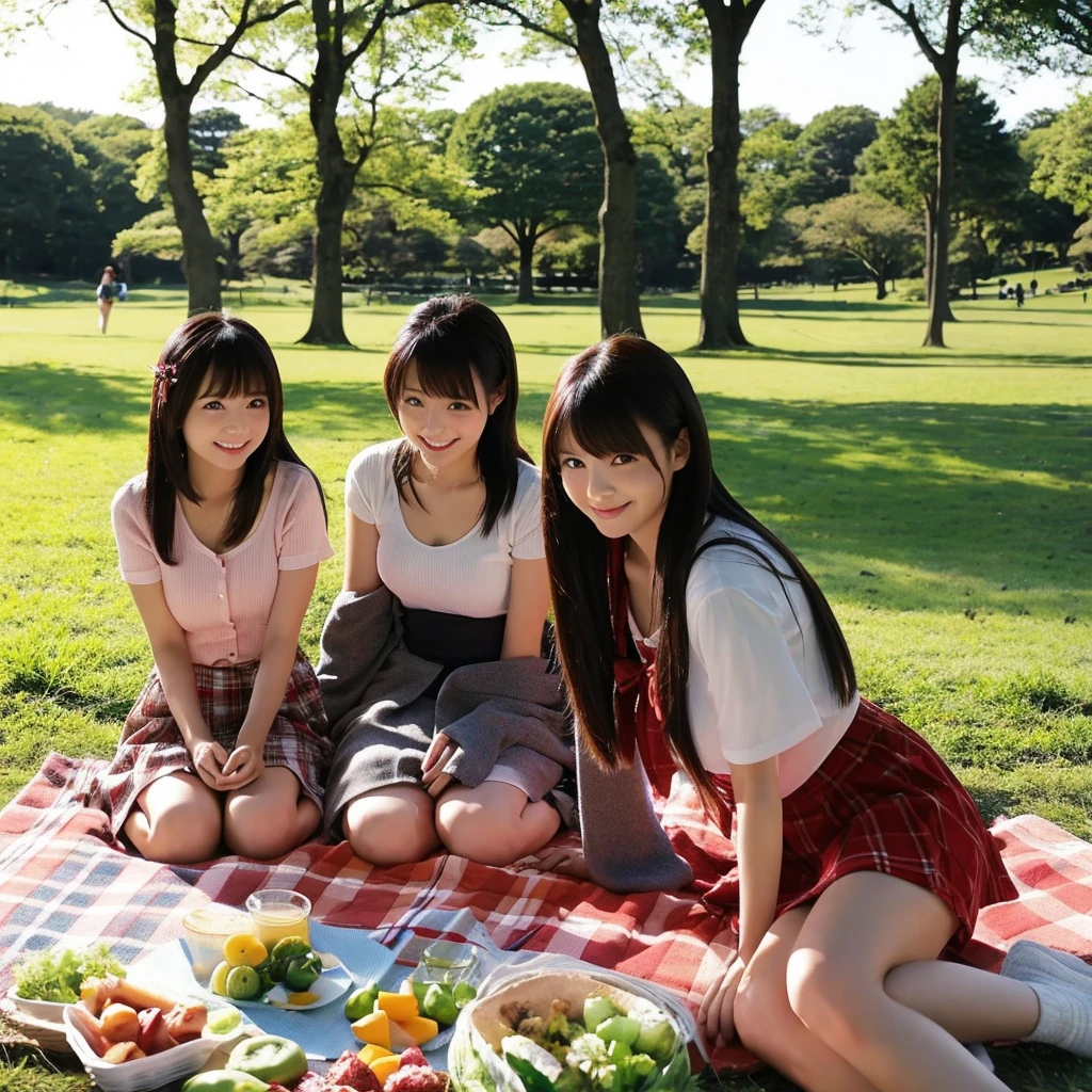 Japan Girls、Sitting on a picnic blanket in the park、She&#39;s wearing a cute little see-through summer outfit、Actual photo、masterpiece, Accurate, Anatomically correct, Highest quality, Ultra-high resolution, smile, 