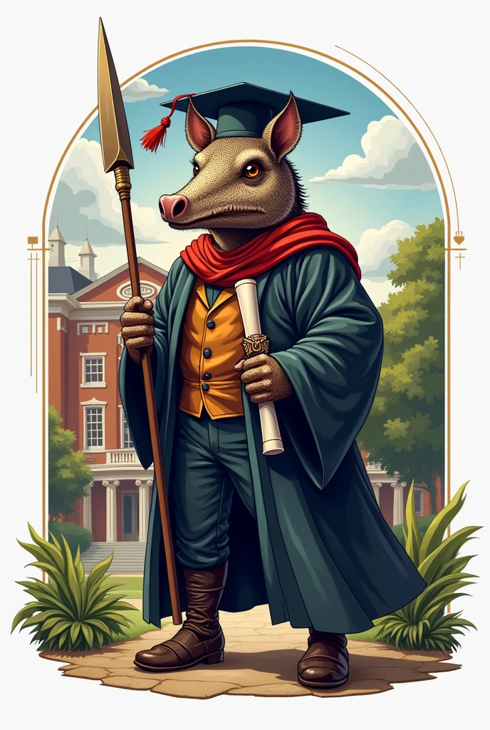 Make me a logo that has a school in the background , a human "with armadillo head" holding a spear , a diploma , a realistic graduation hat