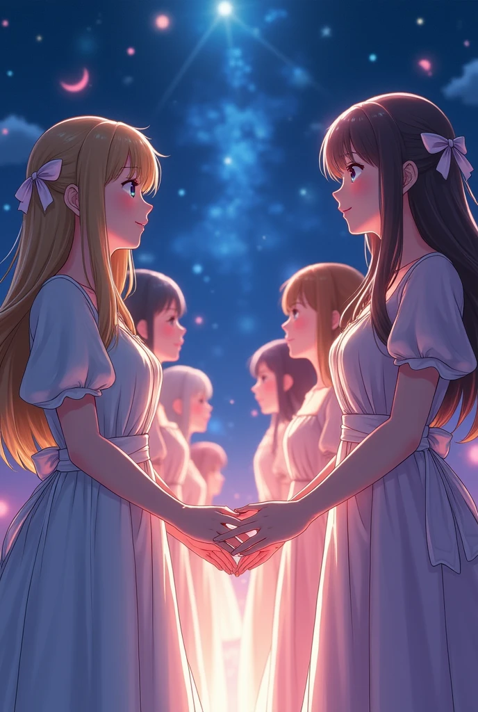 create a beautiful realistic image that transcends the beauty of several singers,with a ribbon on the head, that are joined by their hands,with a pretty dress each and a lot of love between them, showing the thanks, with kimetsu no yaiba anime background at night