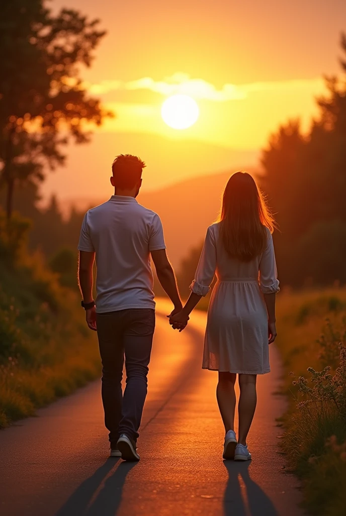 A couple holding hands and walking along a long, winding and beautiful road at sunset, and they were photographed from behind.