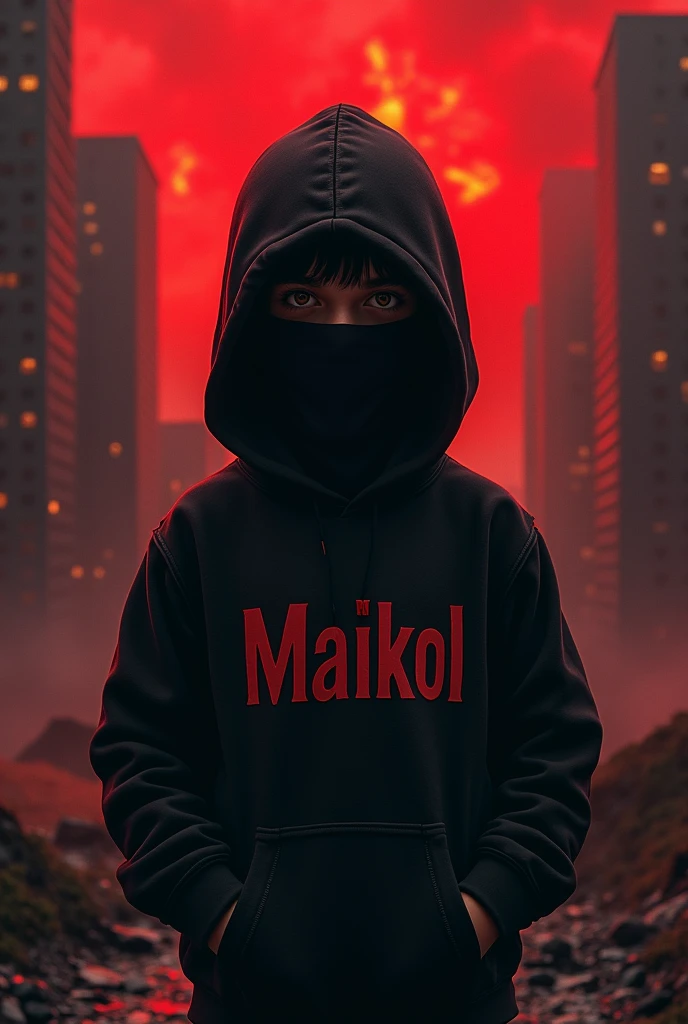 Generate an image of a boy with a black hooded sweatshirt and a mask that covers his entire face with his name on the chest "Maikol" and its background is very attractive with a city like a red 

