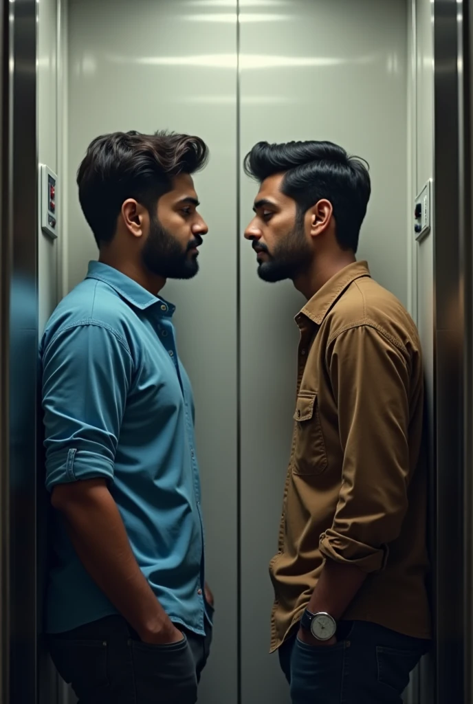Two Indian young man lean on office lift wall tucked in blue and brown shirt discussing