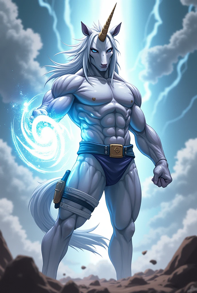 Create an image of a super muscular humanoid unicorn dressed in a Superman costume, performing a white Rasengan similar to the one from the anime Naruto. The unicorn stands in a powerful, heroic pose, holding the glowing, swirling white Rasengan in one hand. The costume includes a fitted suit with a modest, form-fitting underwear that subtly covers the anatomy, emphasizing that the character is a blend of human and unicorn without being explicit. The background should be dynamic, with energy waves and wind effects swirling around the Rasengan, highlighting the magical and intense nature of the scene