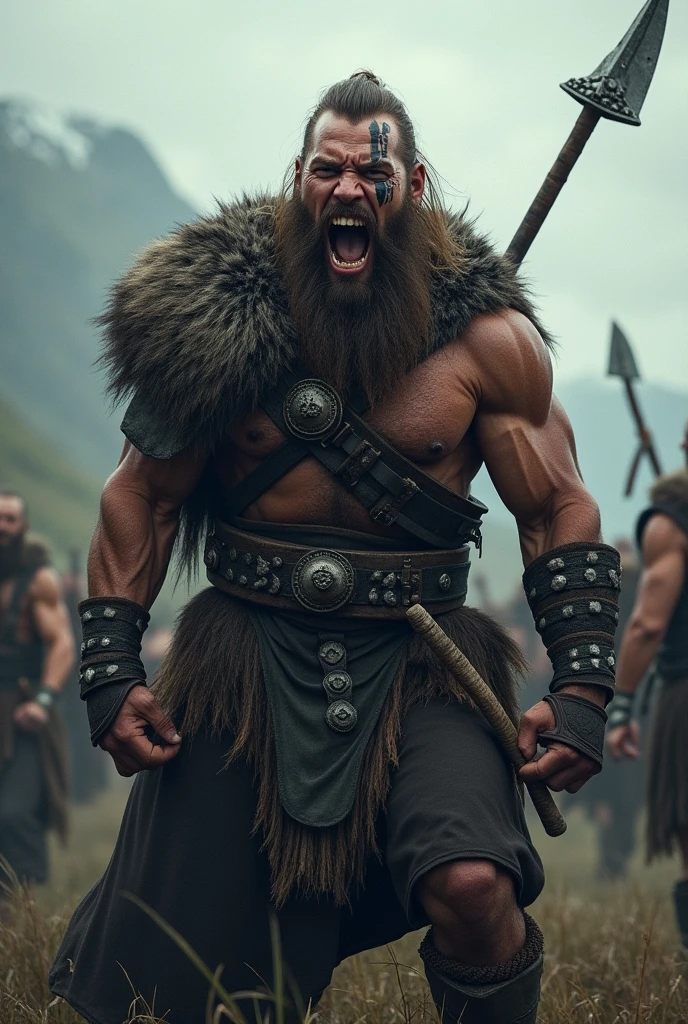Realistic Viking warrior screaming with teeth bared with a Norse tattoo around his eye and with his eyes open