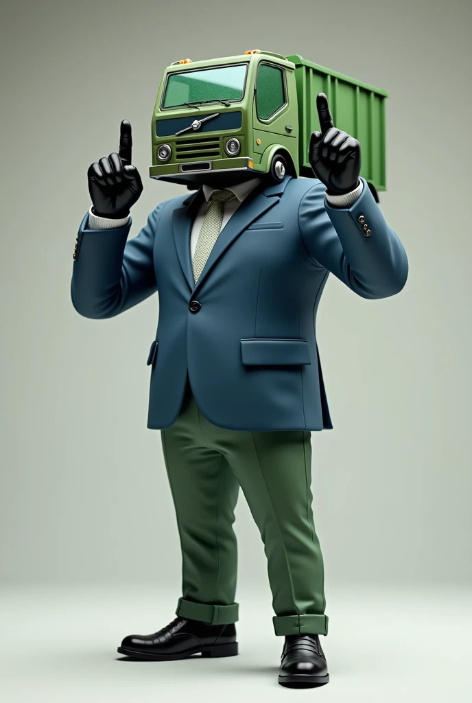 A humanoid being with the main characteristic of having its head replaced by a garbage truck, he wears a blue suit with green pants, he wears black leather gloves and black shoes, and he's doing the middle finger