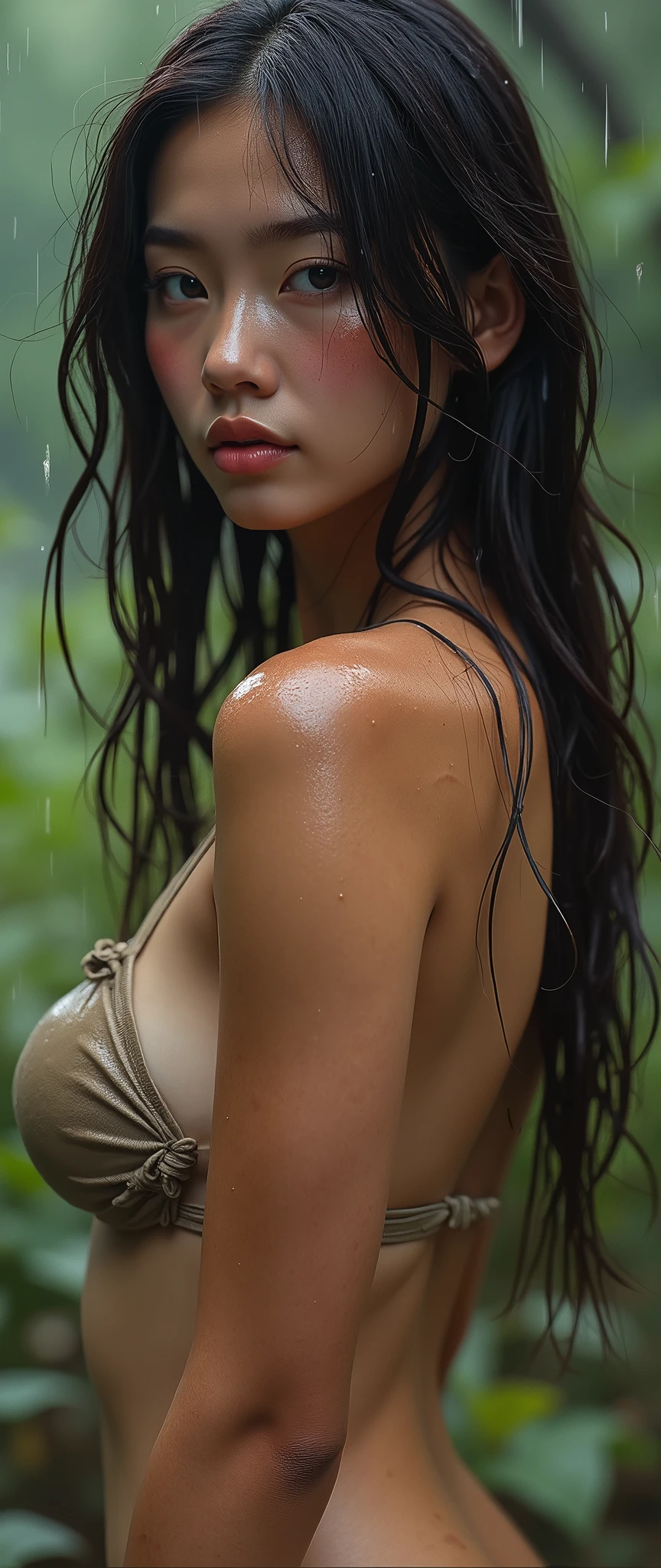 (Best quality, 4k, Masterpiece :1.3), pretty woman, 1girl, (breasts, attractive body :1.2), abs :1.1, dark brown hair: 1.1, (rainy wet, wet from rain, wet body :1.2), (ultra realistic oily skin :1.2), ultra-detailed face, detailed lips, big and broad lips,, detailed eyes, realistic eyelid, outdoor,
