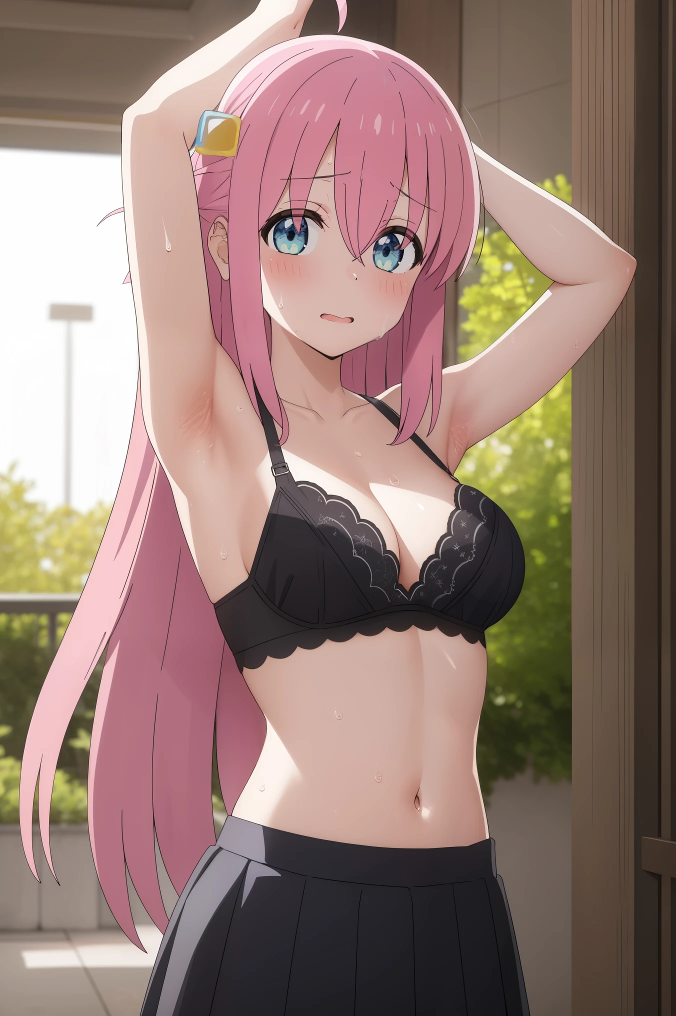 (masterpiece:1.2), best quality, high resolution, unity 8k wallpaper, (illustration), extremely detailed face, perfect lighting, extremely detailed CG, 1girl, solo, hitori, blue eyes, pink hair, black skirt, pleated skirt, looking at viewer, embarrassed face , cowboy shot, blush, simple background, cube hair ornament, black bra, arms up, armpits, sweaty, sweaty armpits