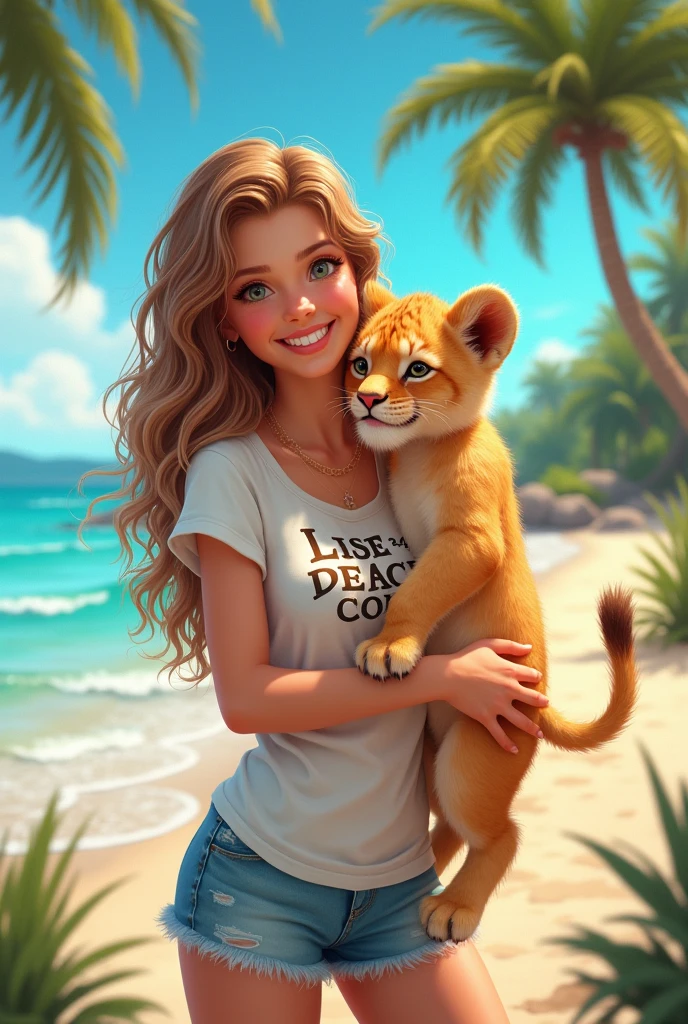 A beautiful girl with a t-shirt that says beach girl kisses with ??? simba