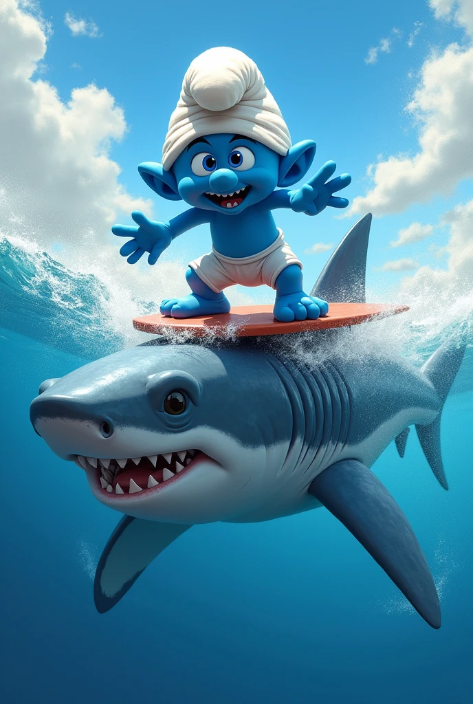 smurf surfing on top of a shark