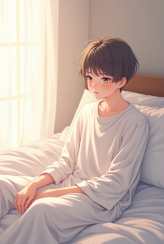 Soft boy with white long Shirt sitting In bed, sa,anime,blush