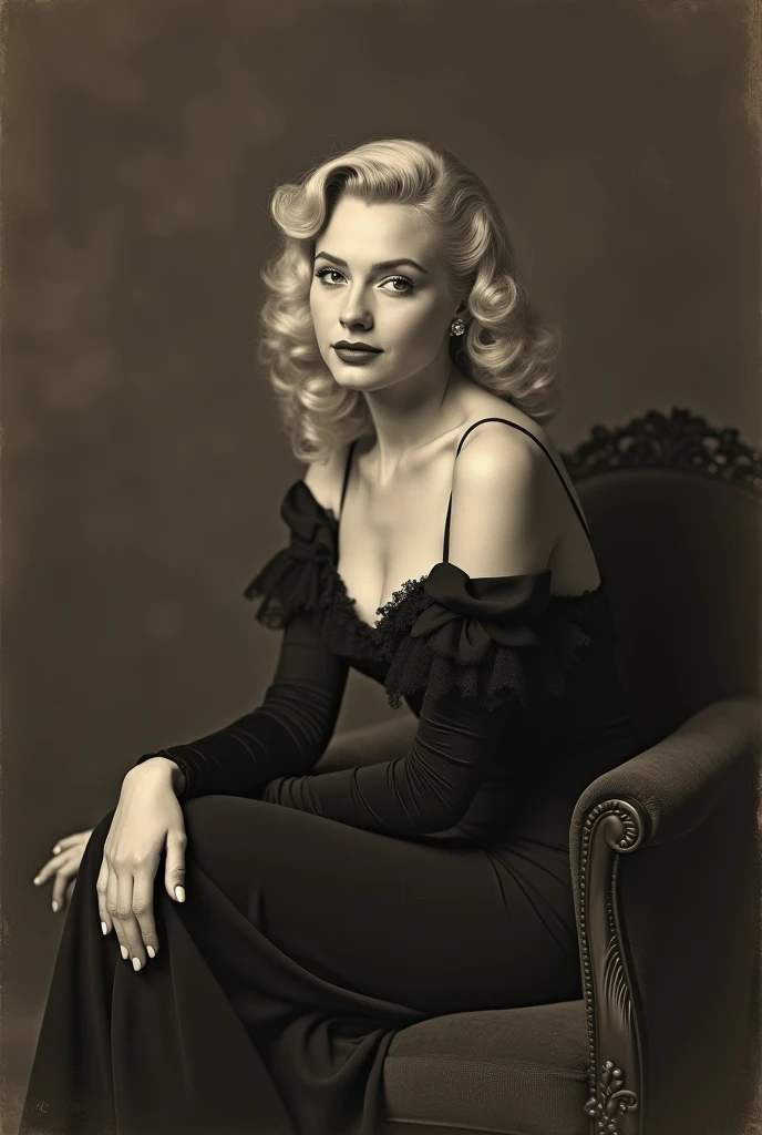 Veronica Lake, blonde, Victorian lady, sitting down, exposing cleavage, showing slender legs, wearing Victorian era clothing, oil painting, sepia tones, soft lighting, detailed facial features, portrait, elegant pose, retro style, charming smile, beautiful hair, alluring gaze, classic beauty, black and white photography, high contrast, glamorous attire, fine brush strokes, vintage atmosphere, sophisticated expression