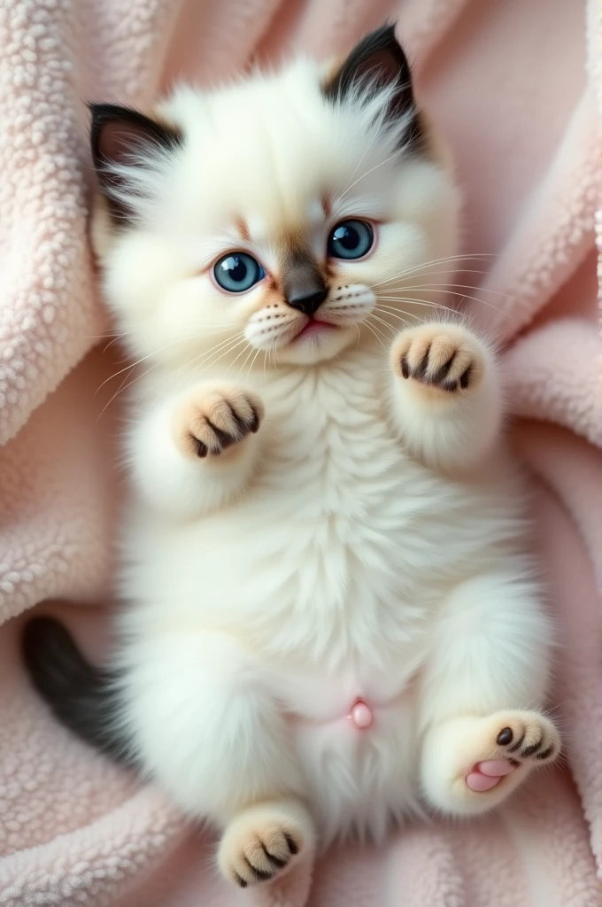 Ultra-realistic 4K image of a fluffy Ragdoll kitten with a creamy white body and darker seal-colored points on its ears, paws, and tail. The kitten’s bright blue eyes are large and captivating, exuding a gentle curiosity. It is lying on its back on a soft, pastel-colored blanket, looking relaxed and playful, with every tuft of fur appearing soft and delicate.”