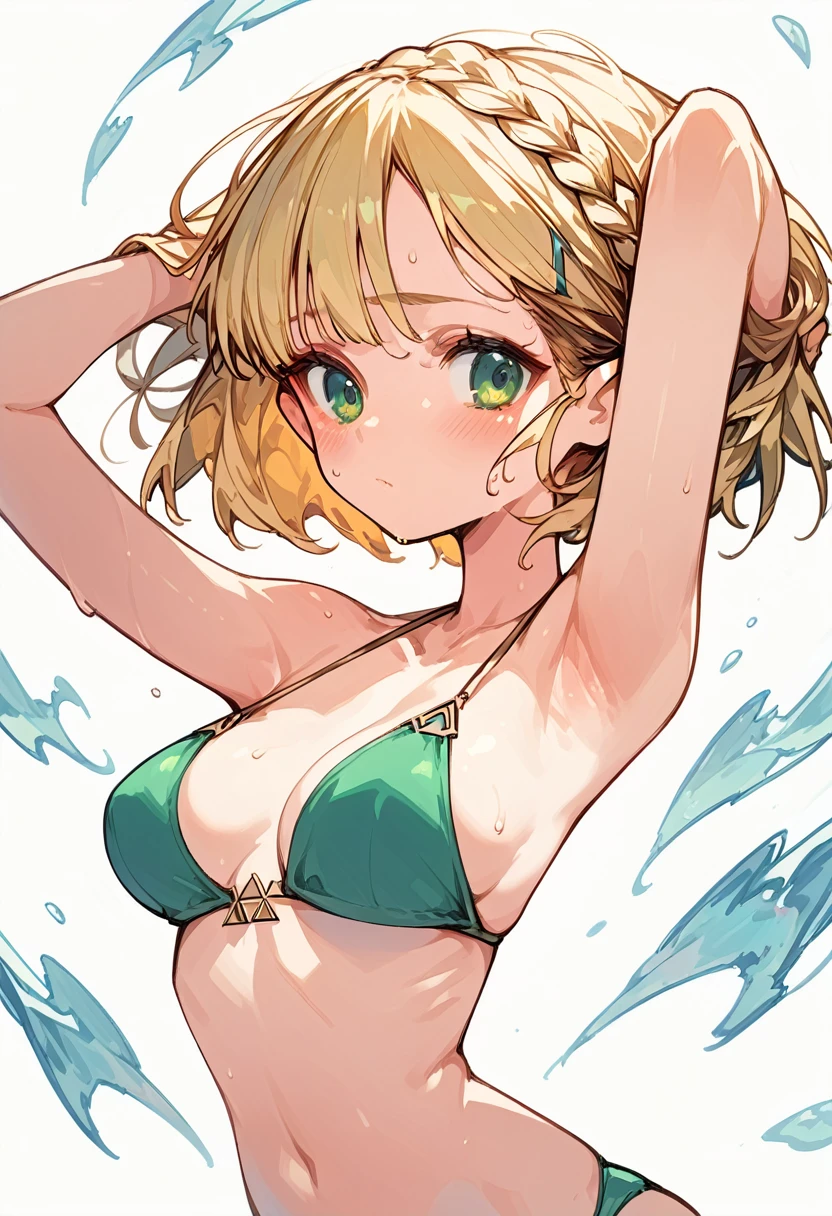 masterpiece, perfect details, perfect lighting, princess zelda, 1girl, blond hair, short hair, braids, green eyes, elf ears, bikini, arms up, sweat, blushing,