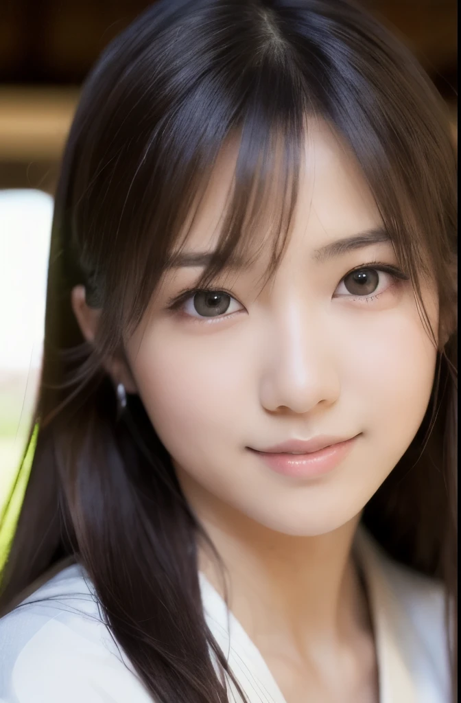 best quality, face focus, soft light, ultra high res, (photorealistic:1.4), RAW photo,(Shinozaki Ai), (fair skin),
1 Japanese girl, solo, cute, smile, (pupil, lights in the eyes), detailed beautiful face, Medium-sized breasts,(high resolution detail of human skin texture),long hair,(portrait), upper body, Japanese white kimono,(kawaii)