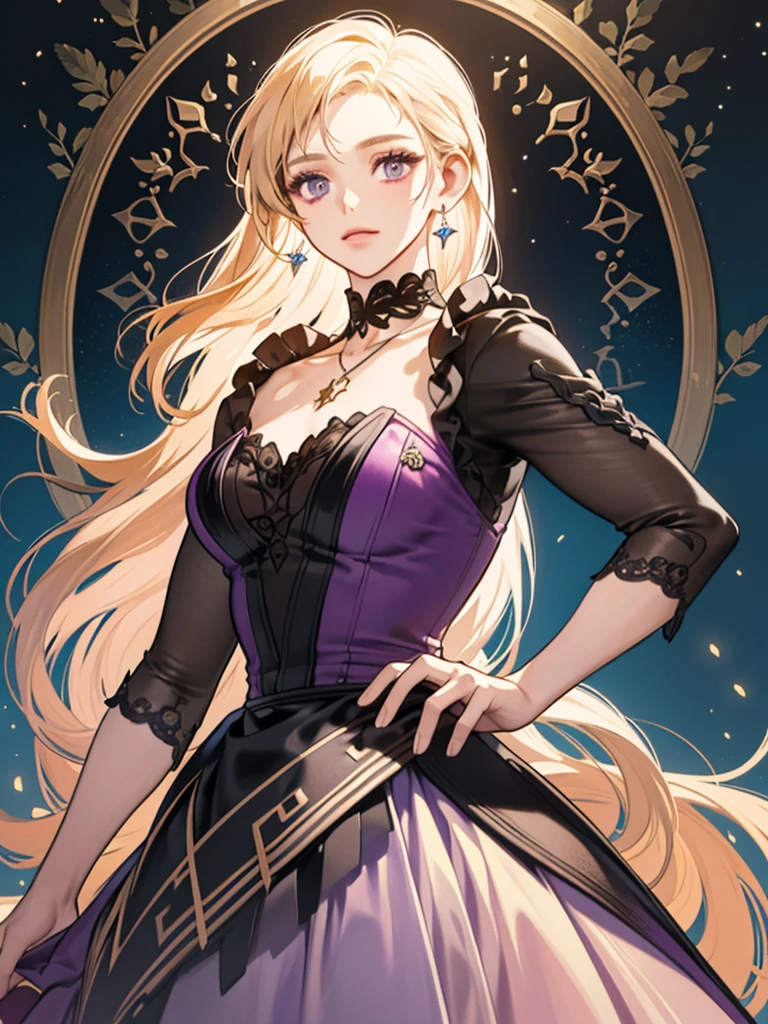 (((((masterpiece+Best Quality+ultra detailed+8K Wallpaper+best illustration)))), intense purple eyes+Pure and indescribable face, long golden hair+earrings+Delicate pendant, single collar, Sparkling Adorned with Diamonds, Waist length dress + Master-level fashion design is well-tailored and stylish, evening dresses, Lighting effects, high quality, The environment surrounding the characters secretly triggers the mysterious and dreamy atmosphere of the characters...