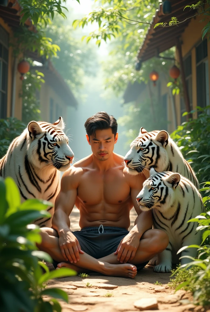 (absurdres, highres, ultra detail), 1 man, handsome, tall muscular man, Korean style hair, best ratio of four fingers and one thumb, best light and shadow, back alley background, unbroken sunlight, sitting,white Tigers gathering next to him, dappled sunlight, daylight, depth of field, plants, summer, (Dutch corner), closed mouth