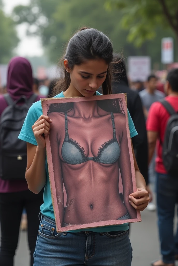 A girl is rape and mudder in a medical college so make a image of a poster which is holding by a protesters about this incident make it protesters are in sad mood and wrap hardly with showing her boobs 