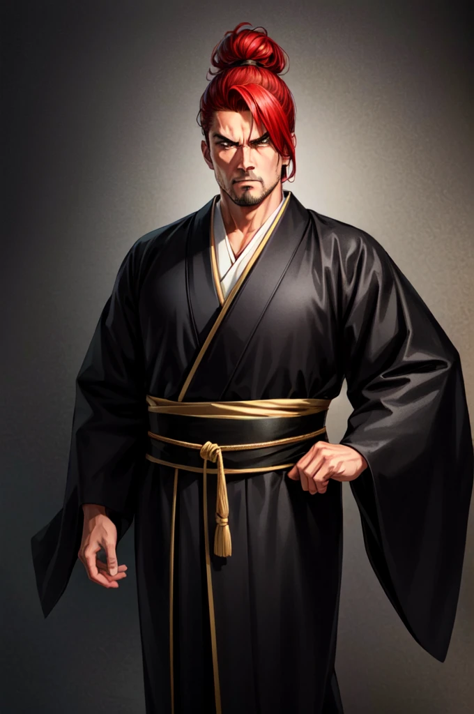 Adult male, wearing black kimono, lomg Hair, red hair, golden Eyes, intense anger, Intimidating Appearance, full body, hair over eye, anime, cinematic lighting, cowboy shot, UHD, retina, masterpiece, accurate, anatomically correct, textured skin, super detail, high details, high quality, award winning, best quality, highres, 8k