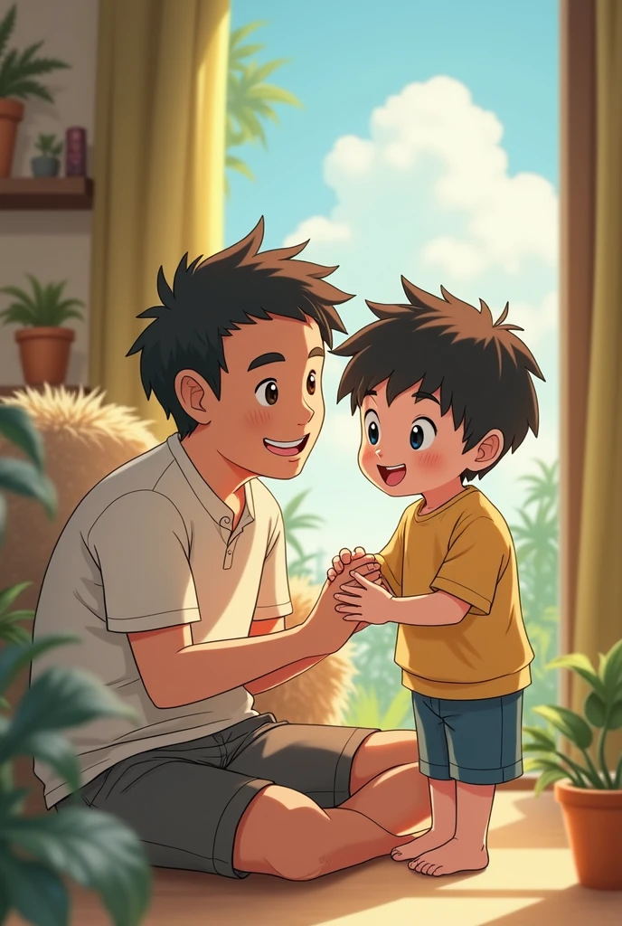 One boy with her father in anime photo