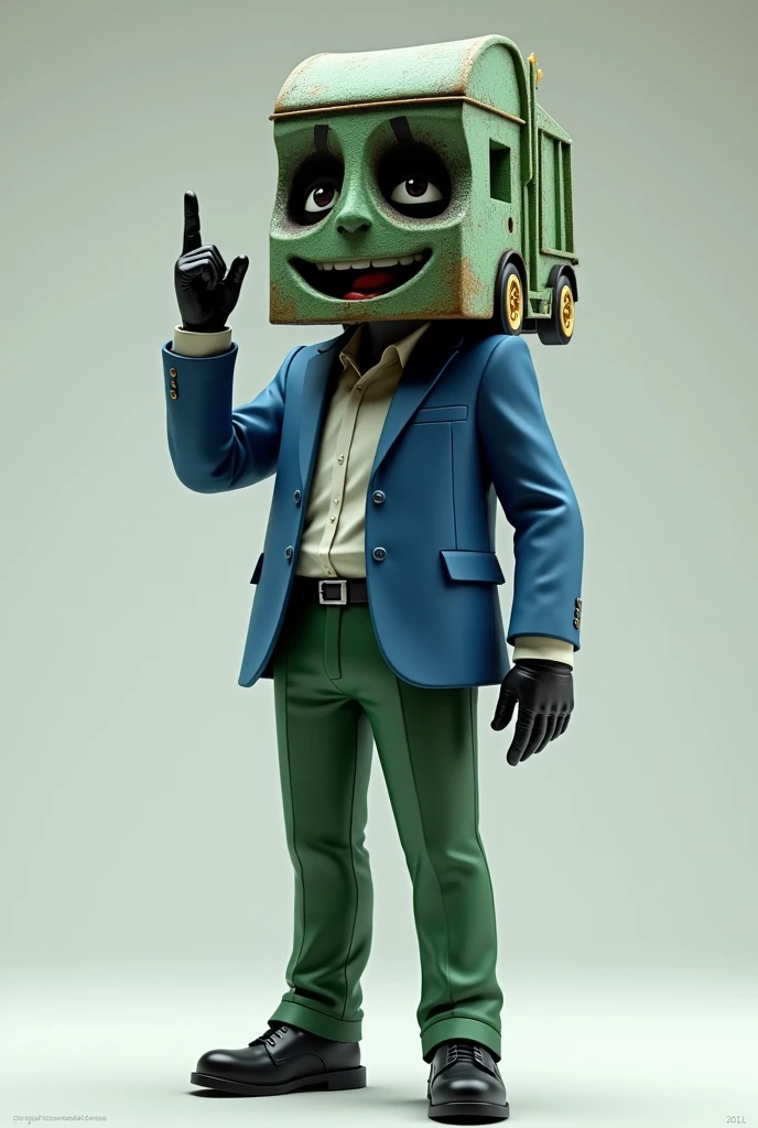 A humanoid being with the main characteristic of having its head replaced by a garbage truck, he wears a blue suit with green pants, he wears black leather gloves and black shoes, and he&#39;s doing the middle finger 