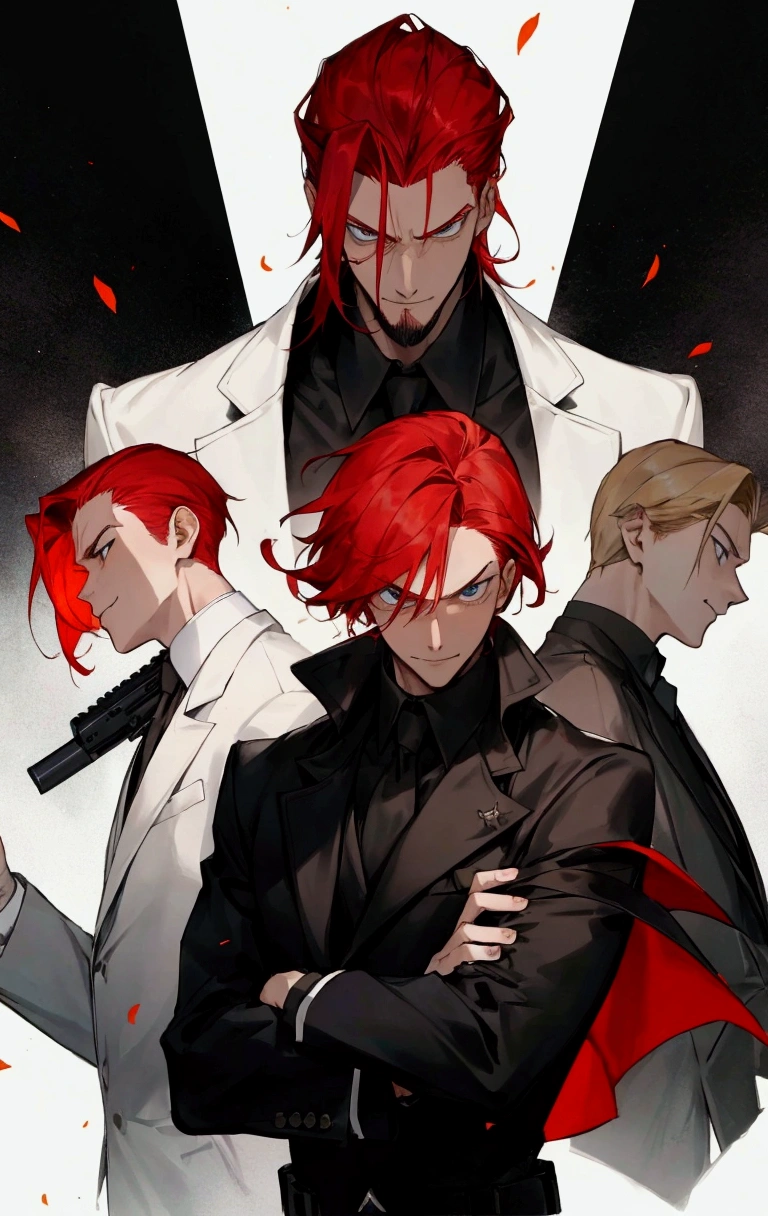 Create a group of three men, The first man has a smile and an evil look, he has red hair but it is short., The one in the middle has a gun in his hand and a serious face. He has shorter blonde hair., The last man also has a serious face, His arms are also crossed, He has black hair, A little long, With some strands falling over her face