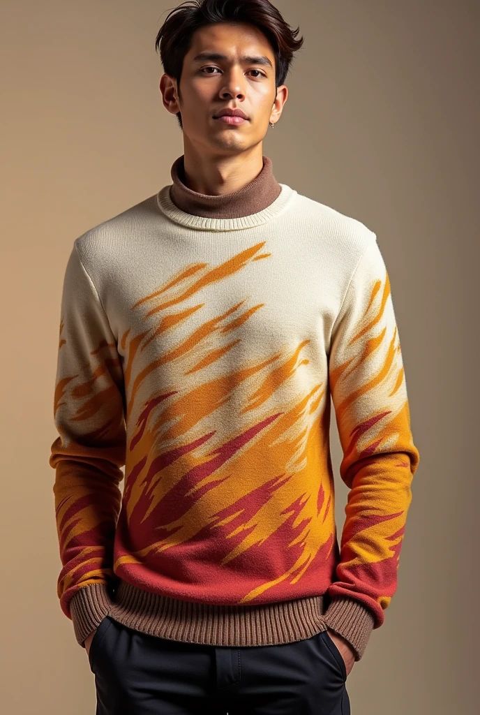 Promotional sweater for a high school launch that has a base color of white, light brown, wine red and gold and that the colors are interspersed as if they were phoenix feathers. Not that it has a phoenix but that the colors are interspersed as if they were the feathers of a phoenix in the sweater and that the sweater also has a collar. 
