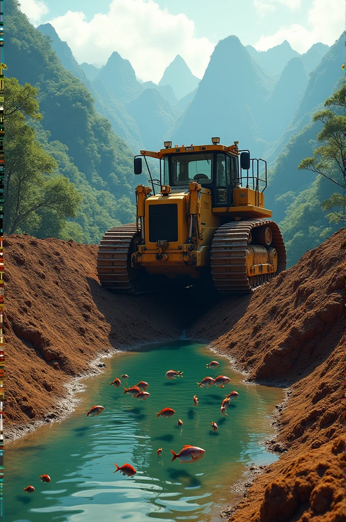 Caterpillar tractor making a pool of water with jumping fish in the lagoon  . These works are being done in mountainous areas of the Amazon