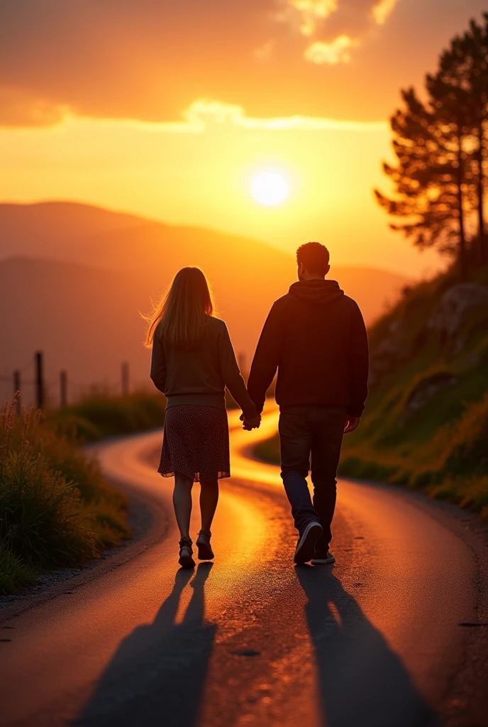 A couple holding hands and walking along a long, winding and beautiful road at sunset, and they were photographed from behind and a few far